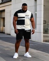 Men's Plus Size Casual Black Colorblock Chest Small Label Printed Short-sleeved T-shirt Shorts Suit